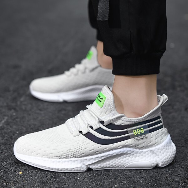 

Men Breathable Striped Pattern Running Shoes, White