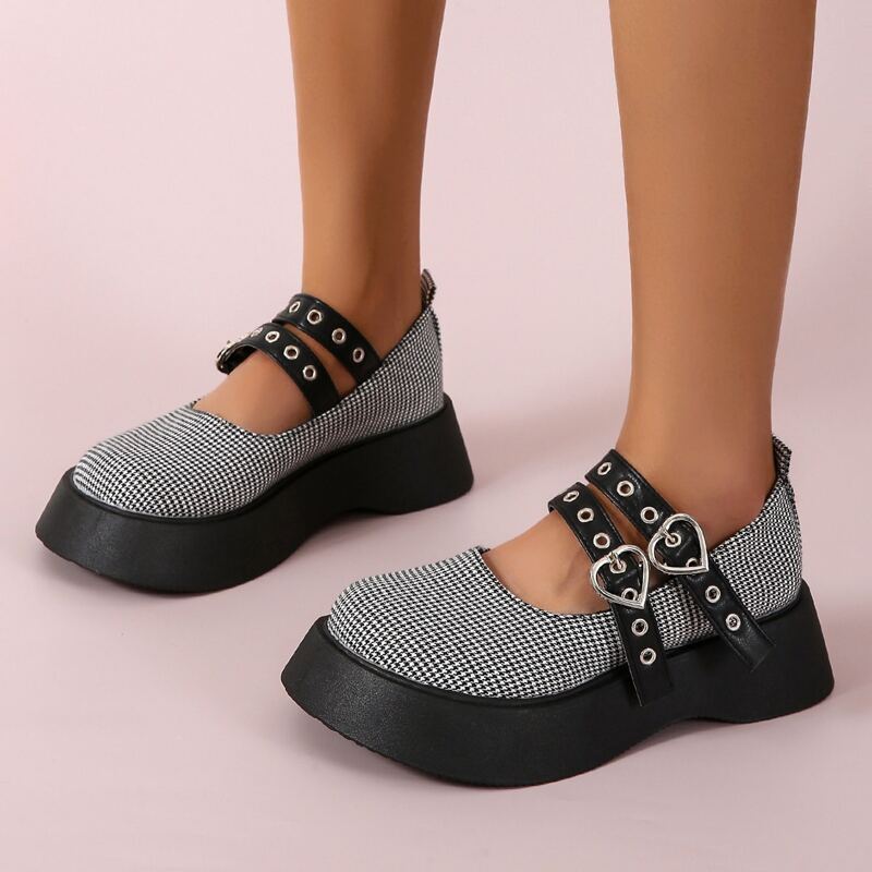 

Heart Buckle Platform Mary Janes, Black and white