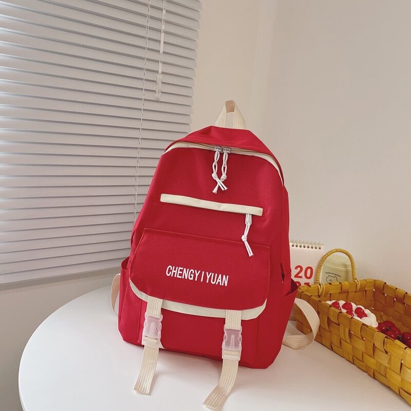 

Pocket Front Buckle Decor Backpack, Red
