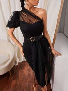 Modelyn One Shoulder Contrast Dobby Mesh Asymmetrical Drape Dress Without Belt - Black - View 1
