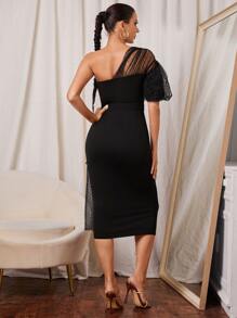 Modelyn One Shoulder Contrast Dobby Mesh Asymmetrical Drape Dress Without Belt - Black - View 2