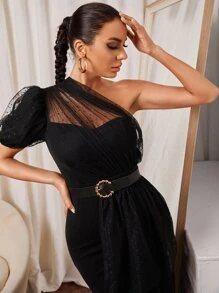 Modelyn One Shoulder Contrast Dobby Mesh Asymmetrical Drape Dress Without Belt - Black - View 3