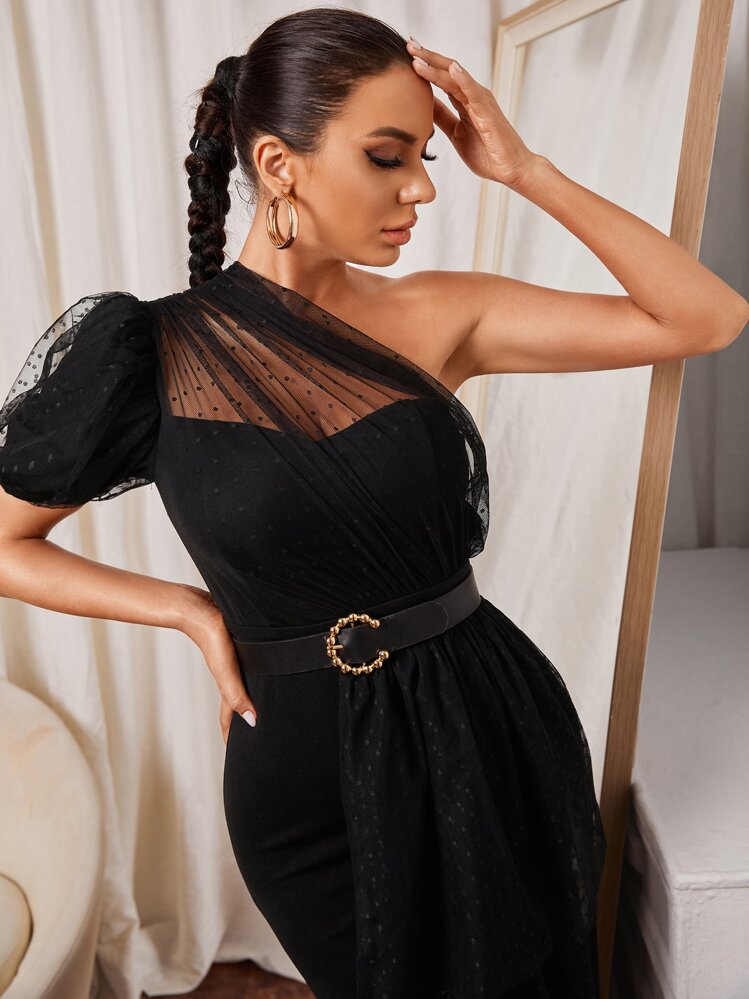 Modelyn Vestido de un hombro con malla jacquard en contraste asimétrico fruncido sin cinturón - Negro - Añade 3