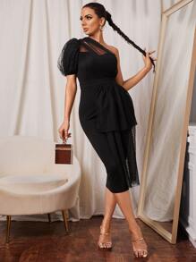 Modelyn One Shoulder Contrast Dobby Mesh Asymmetrical Drape Dress Without Belt - Black - View 4