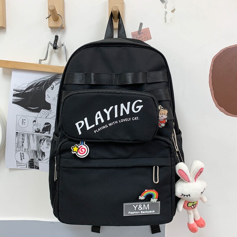 

Letter Graphic Backpack With Cartoon Charm, Black
