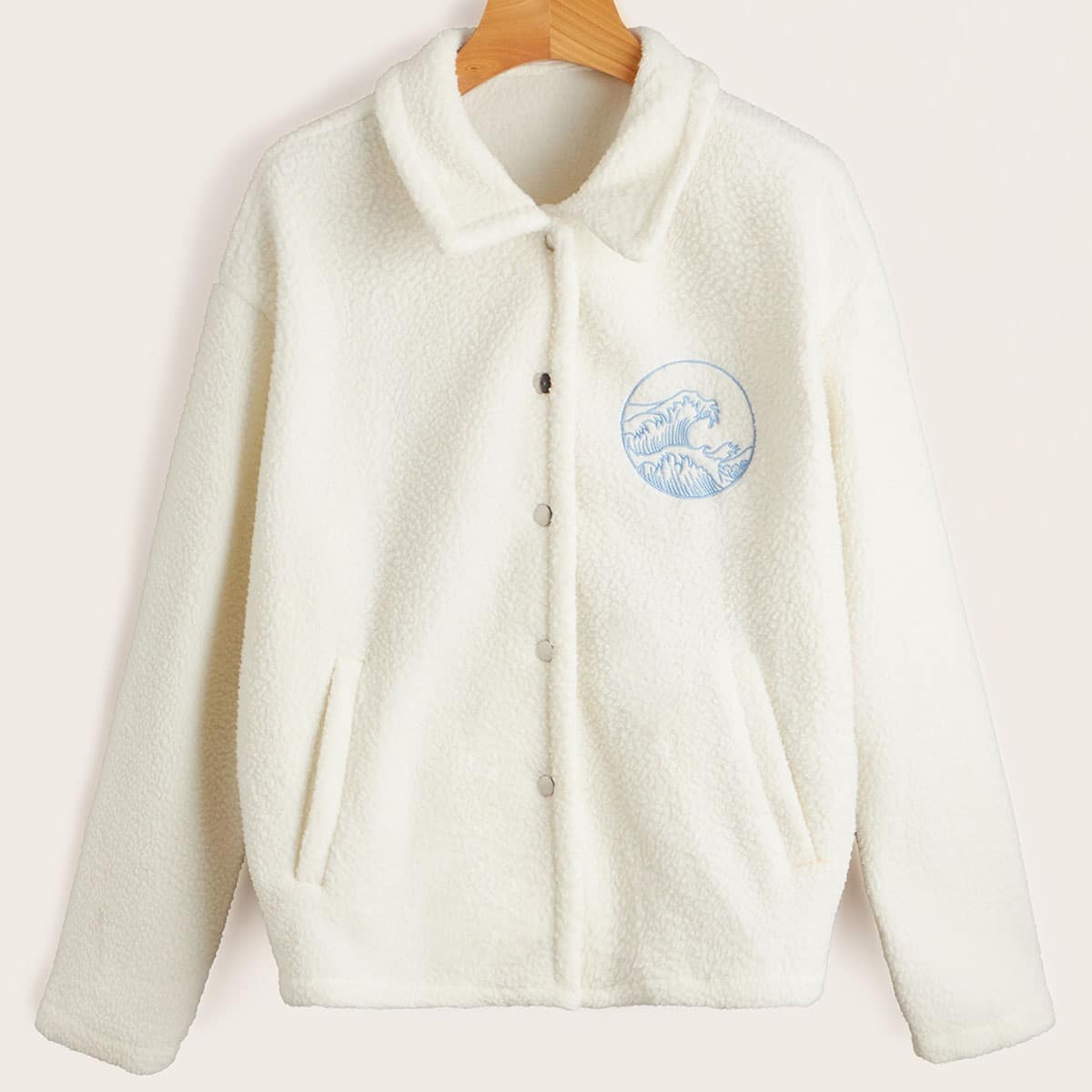

Wave Embroidery Button Front Teddy Coat, White