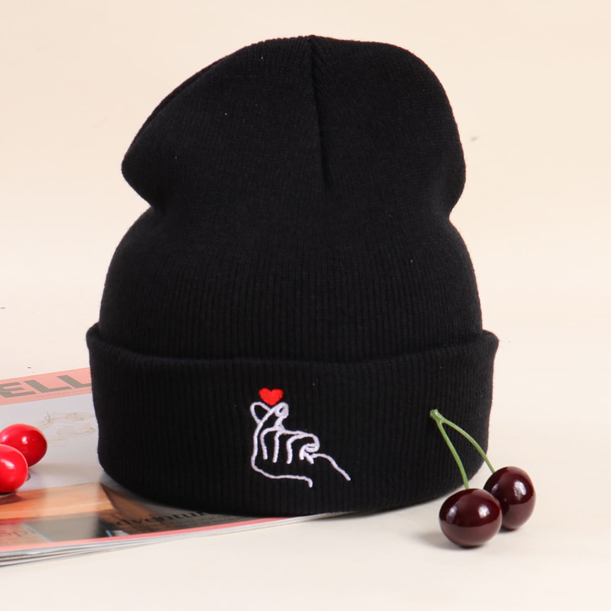 

Gesture Embroidery Knit Hat, Black