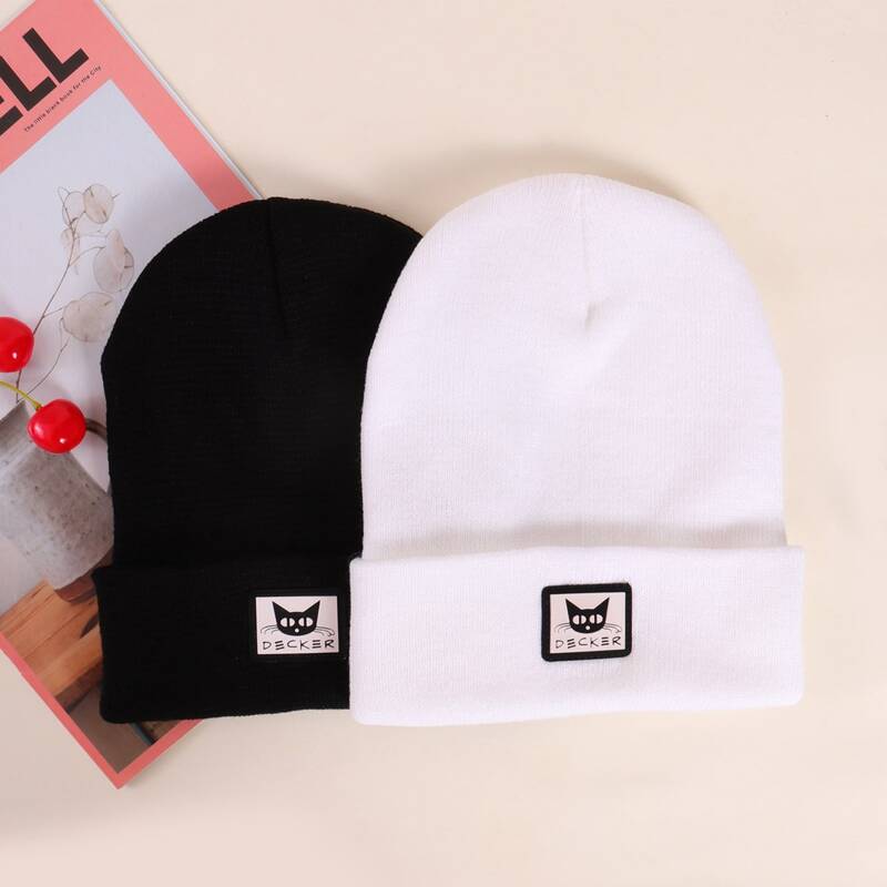 

2pcs Cat Pattern Knit Hat, Black and white