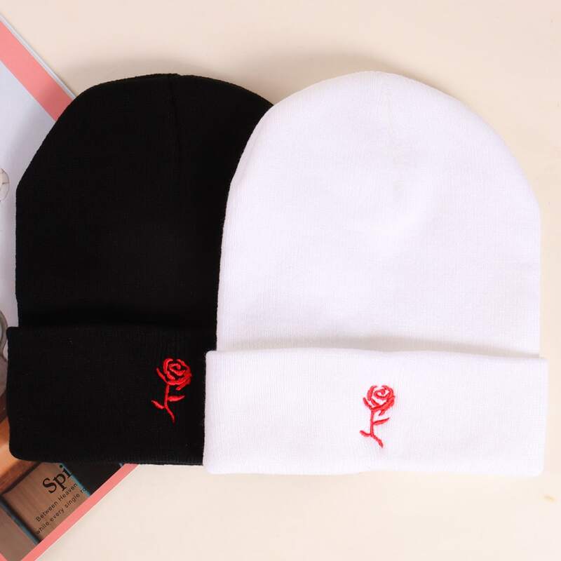 

2pcs Floral Embroidery Knit Hat, Black and white