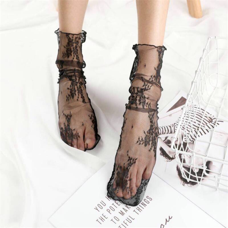 

Floral Lace Crew Socks, Black