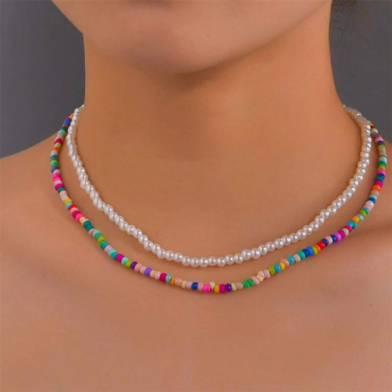 

2pcs Faux Pearl Beaded Necklace, Multicolor