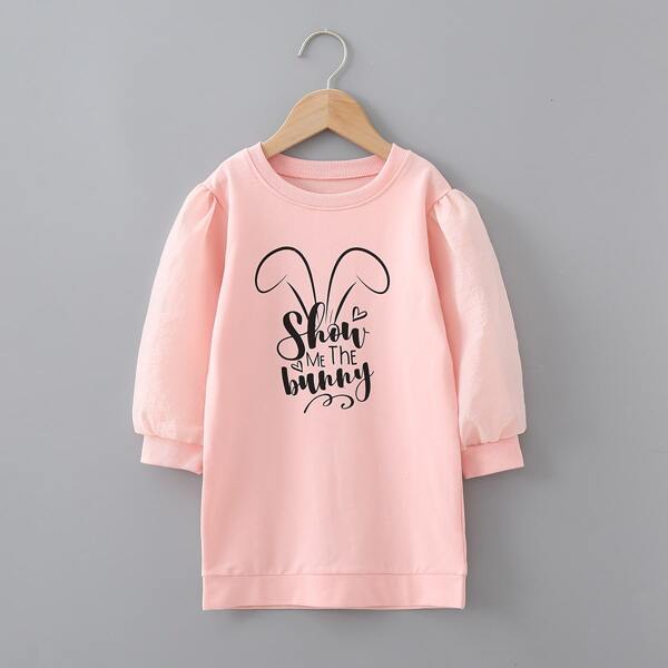 

Toddler Girls Slogan Graphic Puff Sleeve Sweatshirt Dress, Baby pink
