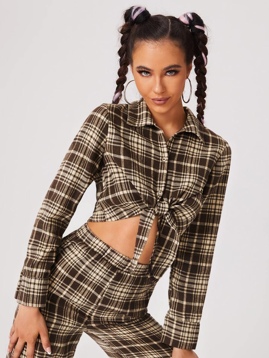 SHEIN EZwear Tartan Print Tie Front Crop Shirt - Multicolor - View 1
