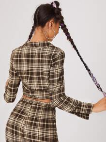 SHEIN EZwear Tartan Print Tie Front Crop Shirt - Multicolor - View 2
