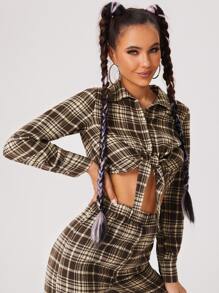 SHEIN EZwear Tartan Print Tie Front Crop Shirt - Multicolor - View 3