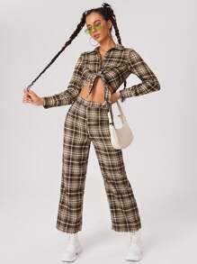 SHEIN EZwear Tartan Print Tie Front Crop Shirt - Multicolor - View 4