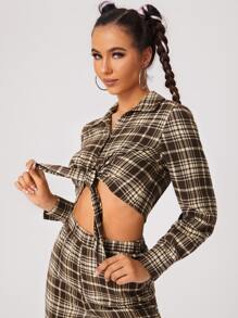 SHEIN EZwear Tartan Print Tie Front Crop Shirt - Multicolor - View 5