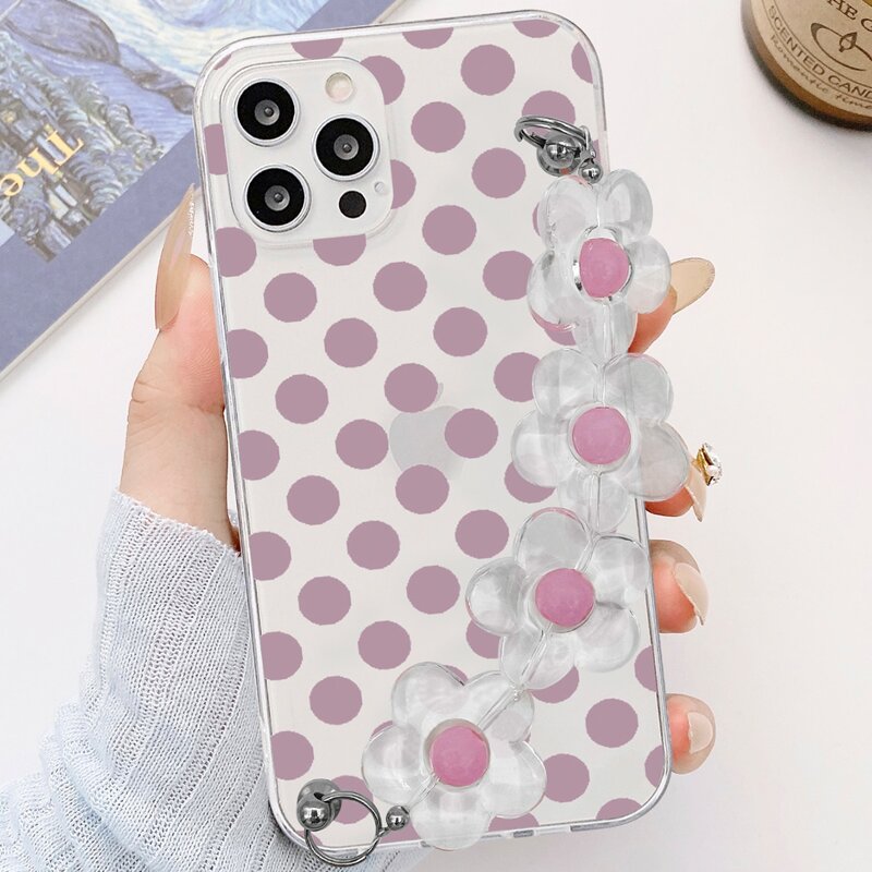 

Polka Dot Phone Case With Flower Chain Hand Strap, Multicolor