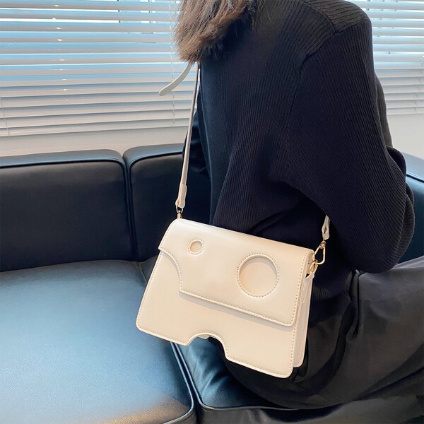 

Geometric Cut Out Design Flap Square Bag, Beige