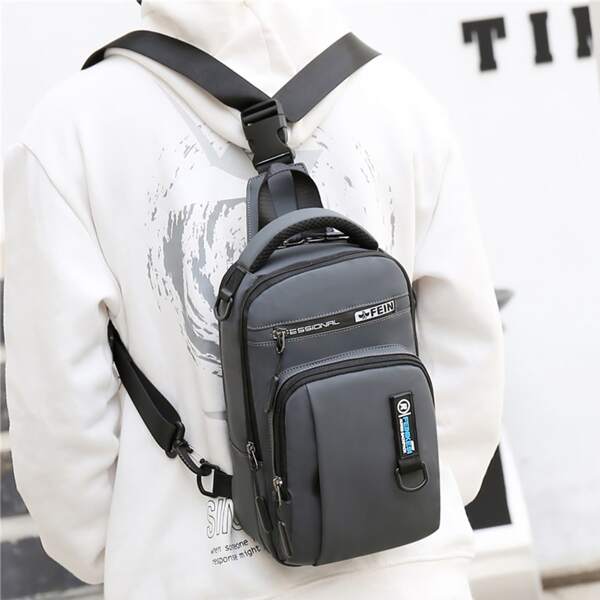 

Men Letter Graphic Zip Sling Bag, Grey