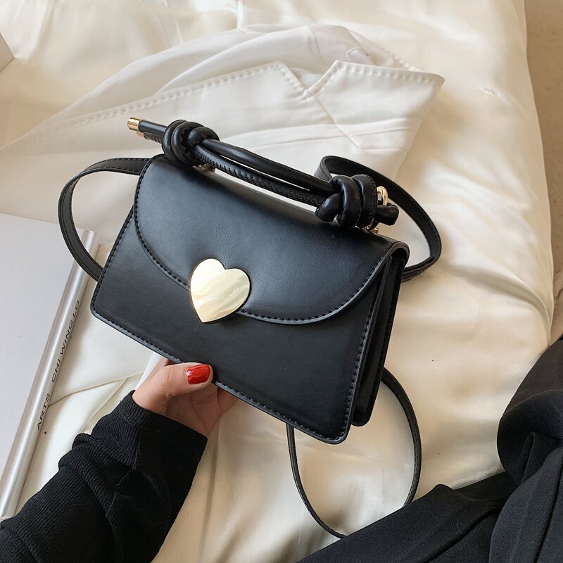 

Heart Shaped Metal Lock Flap Satchel Bag, Black