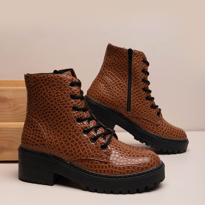 

Lace-up Front Side Zipper Chunky Boots, Brown
