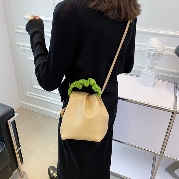 

Two Tone Ruched Design Bucket Bag, Khaki
