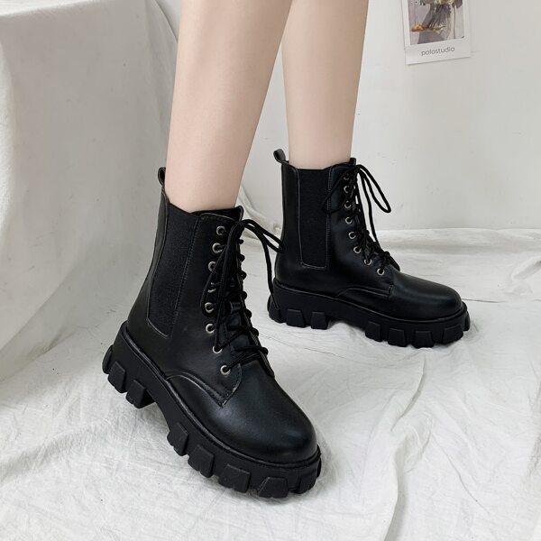 

Lace-up Front Chunky Combat Boots, Black