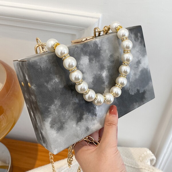 

Tie Dye Faux Pearls Box Bag, Black and white