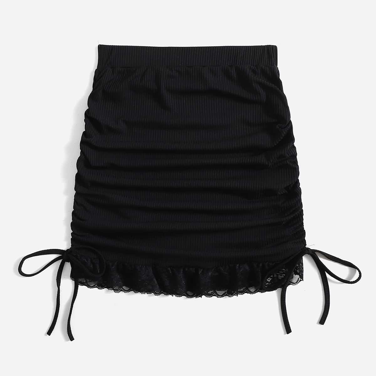 

Solid Contrast Lace Ruched Skirt, Black
