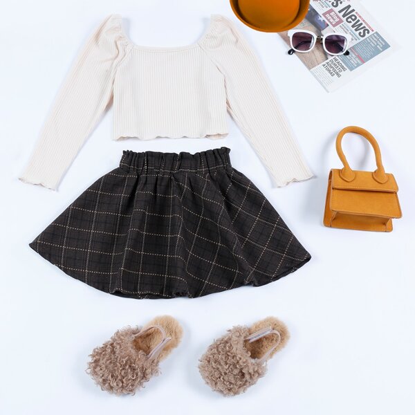 

Toddler Girls Scoop Neck Raglan Sleeve Top & Plaid Flare Skirt, Black and white