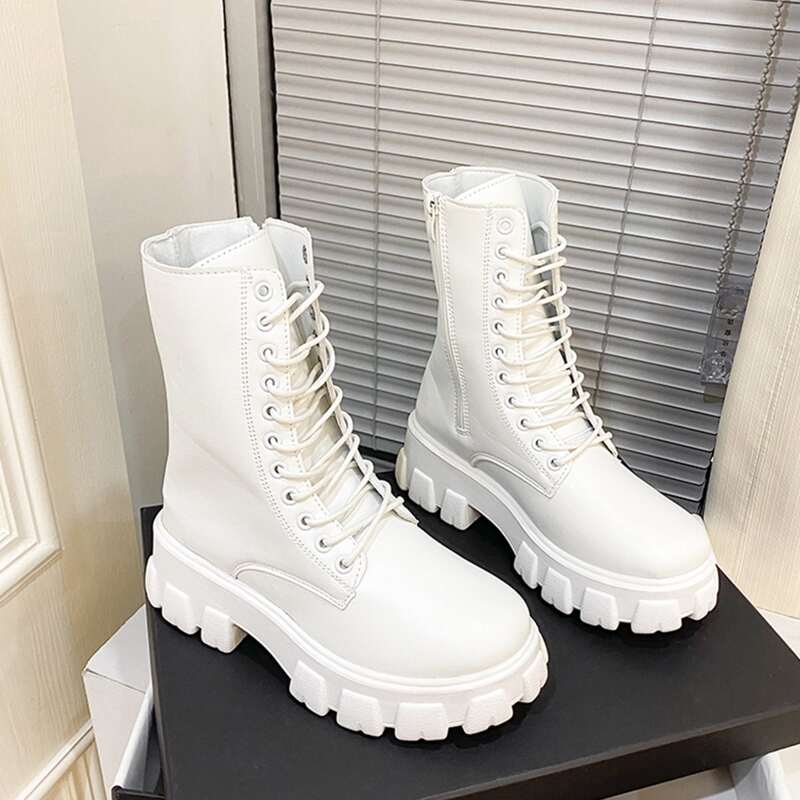 

Side Zipper Lace-up Front Combat Boots, Apricot