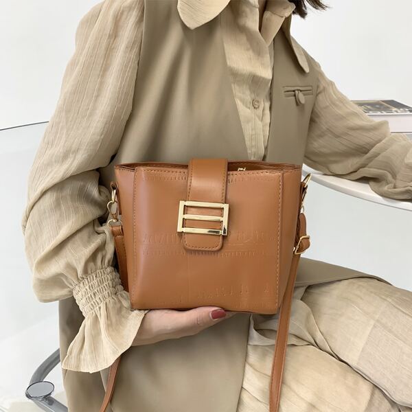 

Metal Decor Textured Bucket Bag, Brown