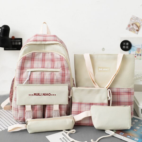 

5pcs Letter Graphic Plaid Pattern Backpack Set, Multicolor