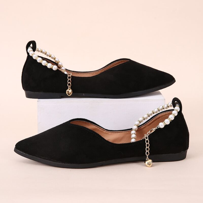 

Suede Faux Pearl Decor Point Toe Flats, Black