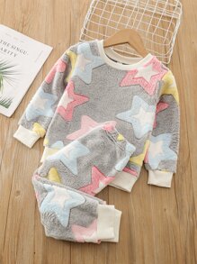 Young Girl Star Pattern Flannel Pullover & Sweatpants - Multicolor - View 1