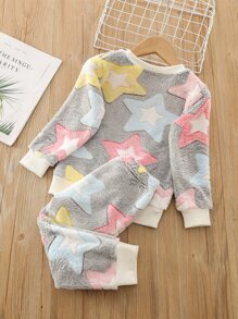 Young Girl Star Pattern Flannel Pullover & Sweatpants - Multicolor - View 2