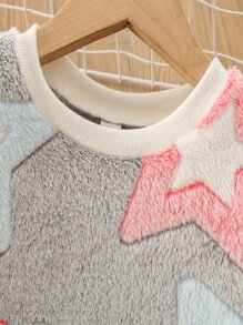 Young Girl Star Pattern Flannel Pullover & Sweatpants - Multicolor - View 3