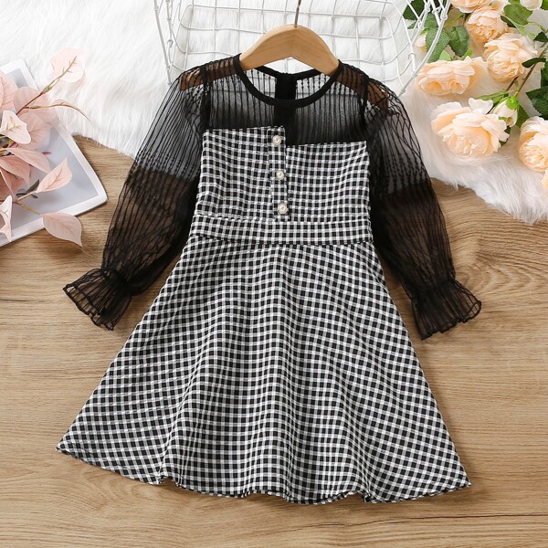 

Toddler Girls Gingham Print Contrast Mesh Flounce Sleeve Dress, Black and white