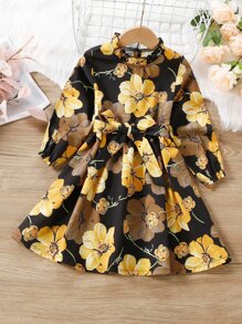 Vestido Para Niñas Pequeñas Con Cinturón En Cuello Fruncido Y Estampado Floral - Multicolor - Ver 1