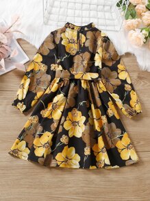 Vestido Para Niñas Pequeñas Con Cinturón En Cuello Fruncido Y Estampado Floral - Multicolor - Ver 2