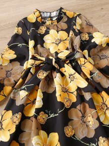 Vestido Para Niñas Pequeñas Con Cinturón En Cuello Fruncido Y Estampado Floral - Multicolor - Ver 3