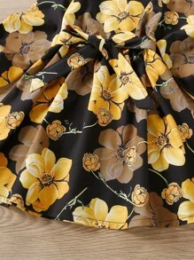 Vestido Para Niñas Pequeñas Con Cinturón En Cuello Fruncido Y Estampado Floral - Multicolor - Ver 4