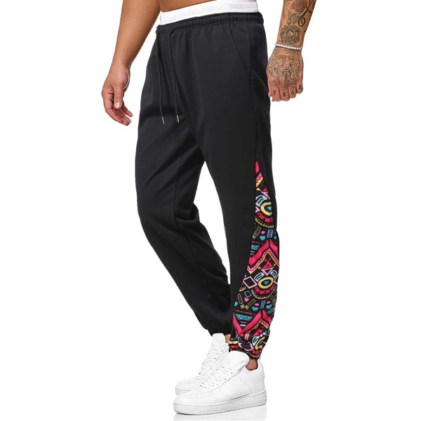 

Men Geo & Heart Print Drawstring Waist Pants, Black