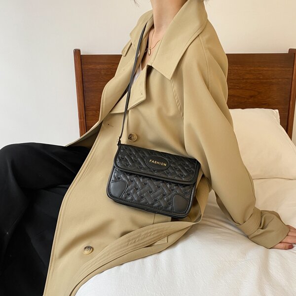 

Letter Patch Quilted Pattern Square Bag, Black