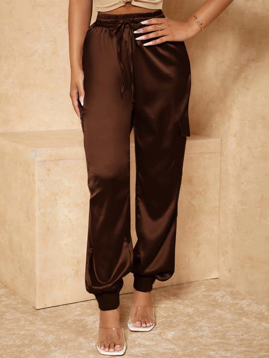 SHEIN SXY Satin Drawstring Waist Pants - Chocolate Brown - View 1
