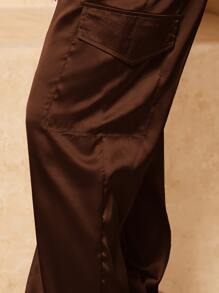 SHEIN SXY Satin Drawstring Waist Pants - Chocolate Brown - View 3