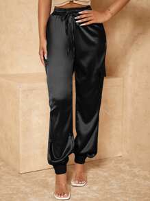 SHEIN SXY Spring And Summer Satin Drawstring Waist Black Casual Women's Trousers