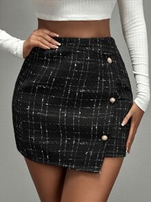 SHEIN SXY 不對稱下擺格紋粗花呢半身裙