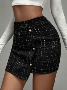 SHEIN SXY 不對稱下擺格紋粗花呢半身裙